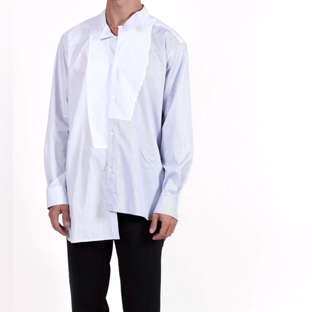 Mo&co Patchwork asymmetric shirt  striped  white and blue